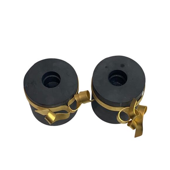 Black Soapstone Taper Candleholders Goldtone Metal Ribbon - Picture 2 of 6